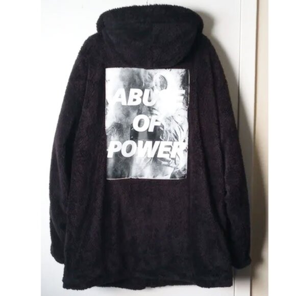 MSNU MassNoun Oversized Teddy Bear Fleece Zip Hoodie Jacket Abuse Of Power - Picture 2 of 11